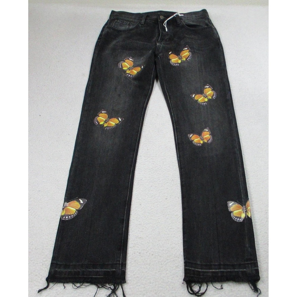 Mnml Jeans Mens 32 Black Butterfly Graphic Button Fly Raw Hem Denim Streetwear